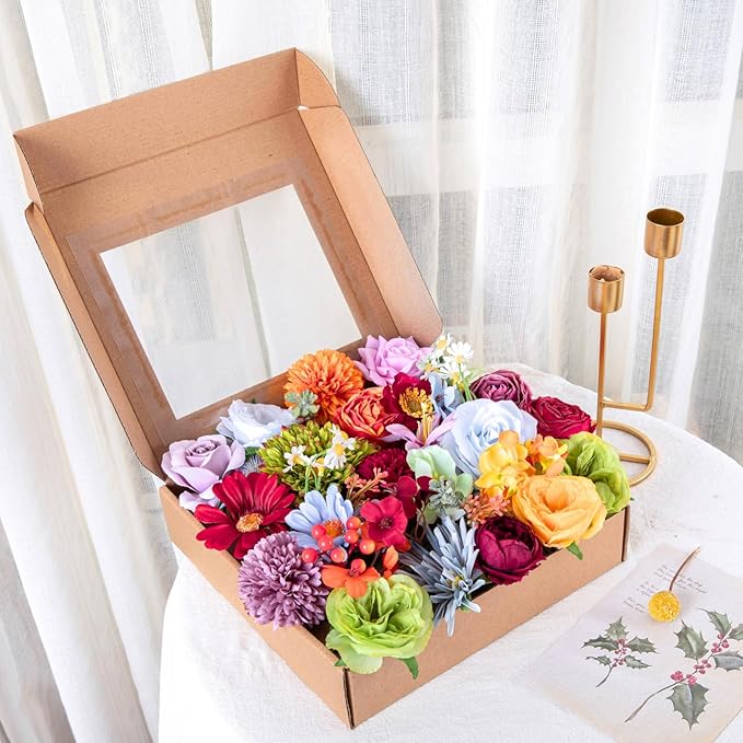 ASTRYAS 38Pcs Colorful Artificial Flowers Combo Box, Fake Silk Rainbow Flowers Faux Floral Arrangement for Christmas DIY Wedding Bridal Bouquets Baby Showers Table Centerpieces Home Decoration
