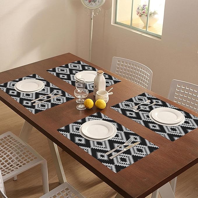 White Gray Black Placemats Set of 4 Turkish Mosaic Oriental Dining Place Mats Linen Table Mat for Farmhouse Home Kitchen Decor 12 X 18 Inch