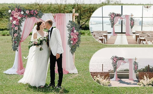 Ting's time Artificial Wedding Arch Flowers Kit(Pack of 4) 2pcs Large Artificial Flower Swags with 2pcs Draping Fabric for Wedding Party Ceremony Decoration(Blush&Rose Red)