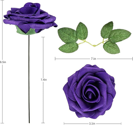 Artificial Flower Foam Rose 25pcs Real Looking Fake Rose with Stems Leaves for Home Decoration Party Garden Centerpieces DIY Wedding Bouquets(Purple)