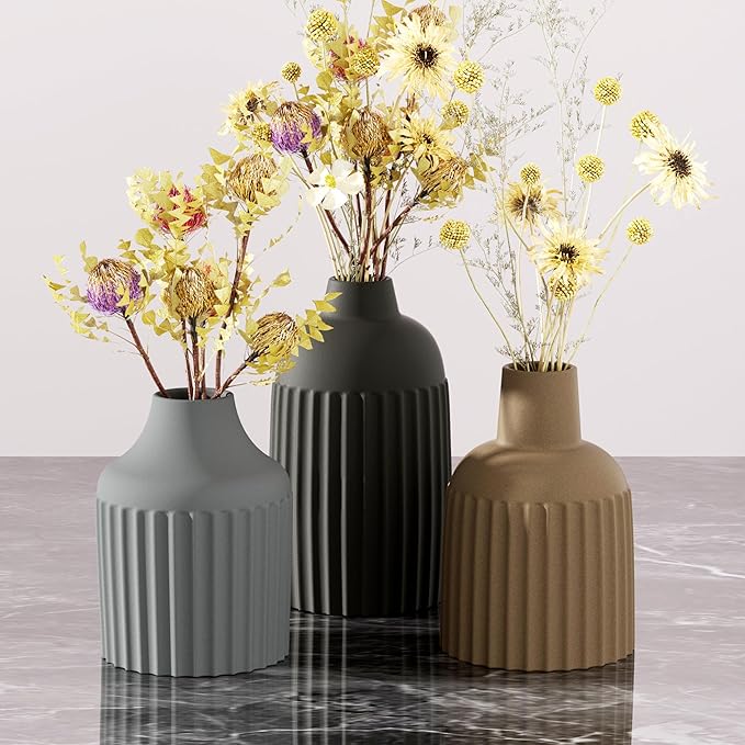 Ceramic Small Vase Set of 3 - Modern Boho Aesthetic Flower Decorative Vases Home Decor for Kitchen Dining Bedroom Office Living Room Bathroom & Shelves Shelf Centerpiece Table Decorations (Multicolor)
