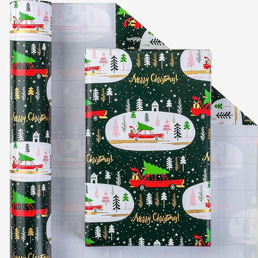 MAYPLUSS Green Christmas Wrapping Paper - 17In x 33 Feet - Truck, Christmas Tree Xmas Gift Wrapping, Gold Foil Wrapping Paper for Holiday, Party, Birthday New Year Gift Wrapping Paper,Mini Roll