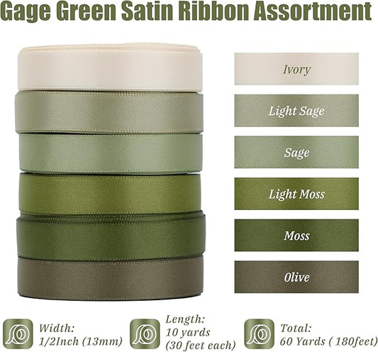 Sage Green Satin Ribbon - Moss Green, 1/2 Inch, 6 Rolls (60 Yards) for Wedding, Crafts & Gift Wrapping