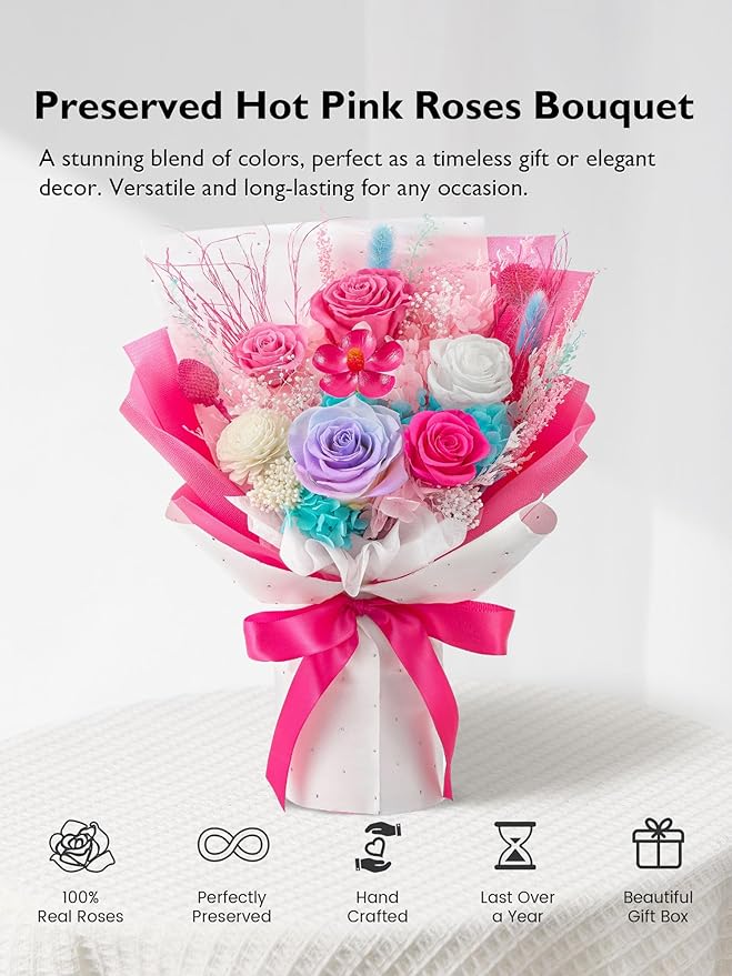 Eterfield Flowers for Delivery Prime, Forever Flowers Bouquet, Preserved Hotpink Roses Birthday Gifts for Her Women Wife Mom Grandma Graduation Valentine's Day Mother's Day