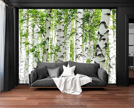 Cliouar-Photo Wallpaper Birch Forest Landscape Trees Poster Nature Lovers Green Forest Bedroom Decoration Mural 158"x110"(Not Self-Adhesive)