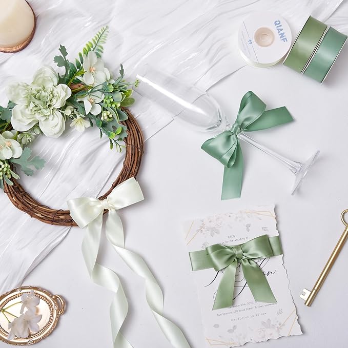 Sage Green Double Face Satin Ribbon 1 Inch x 45 Yards Moss Green Cream Fabric Ribbon for Gift Wrapping, Flower Bouquets Bows Making, Wedding Decoration, Invitations, Christmas (3 Rolls *15Yd)