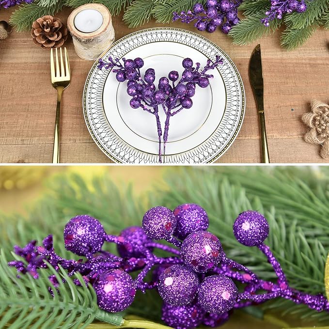 Lvydec 16pcs Christmas Glitter Berry Stems, 7.8" Artificial Christmas Picks for Christmas Tree Ornaments, DIY Xmas Wreath, Crafts, Holiday and Home Decor (Dark Purple)