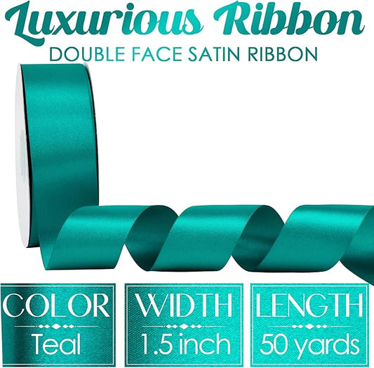 MEEDEE Teal Satin Ribbon - 1.5 Inch Double Faced, Perfect for Christmas Tree, Weddings & Flower Bouquets