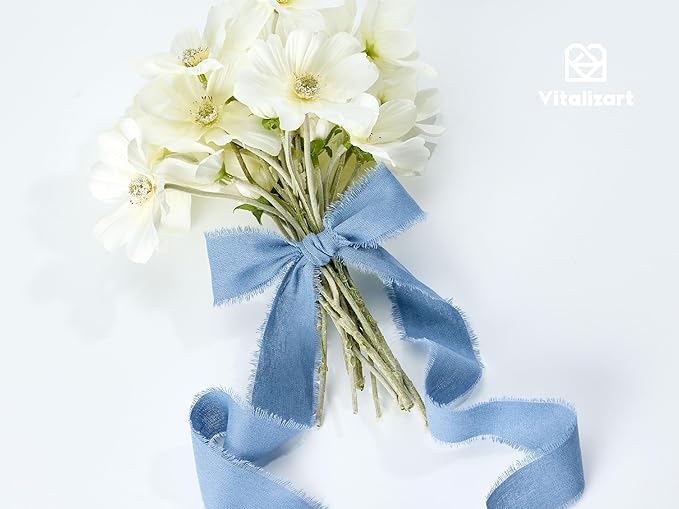 Vitalizart Dusty Blue Ribbon 1-1/2" x 15 Yd 100% Cotton Handmade Frayed Fringe Fabric Ribbons for Gift Wrapping Wedding Invites Bridal Shower Bouquets Christmas Decorations