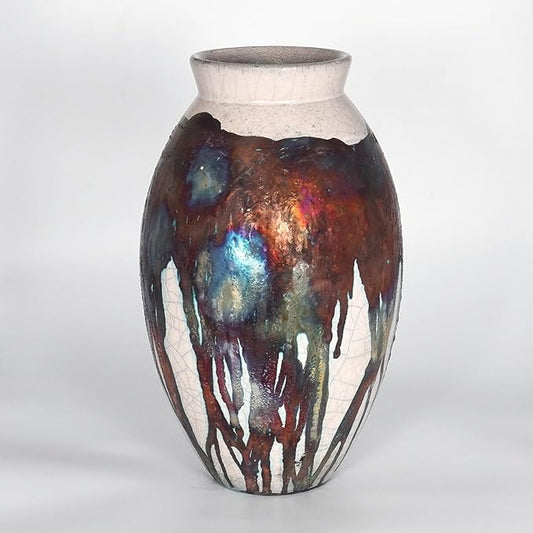 RAAQUU Large Oval Ceramic Half Copper Matte Vase S/N0000186 13.5" Raku Clay Pottery Handcrafted Art Home Décor Table Centerpiece Unique Gift for Her, Mom