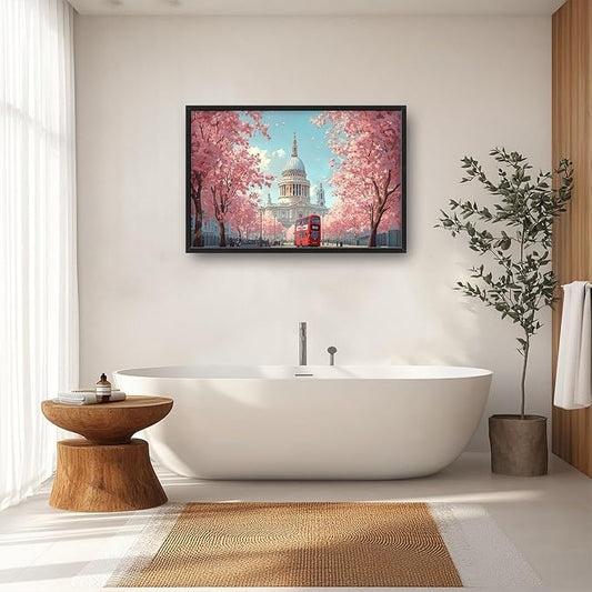 England London Paul’s Cathedral Large Wall Art Cityscape Cherry Blossom Pictures Wall Decor Street Scene Canvas Spring Print Painting Modern Artwork Home Decoration for Living Room Bathroom Bedroom Office Framed 36"x24"