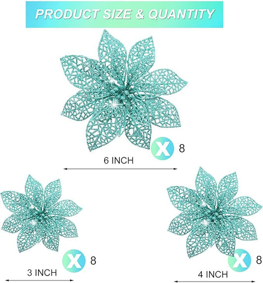 Boao Teal 24 Pieces Poinsettia Flower Christmas Glitter Artificial Poinsettia with Clips Christmas Tree Ornament Decorations for DIY Xmas Wreath Holiday Home Party Decor, 3/4/6 Inches