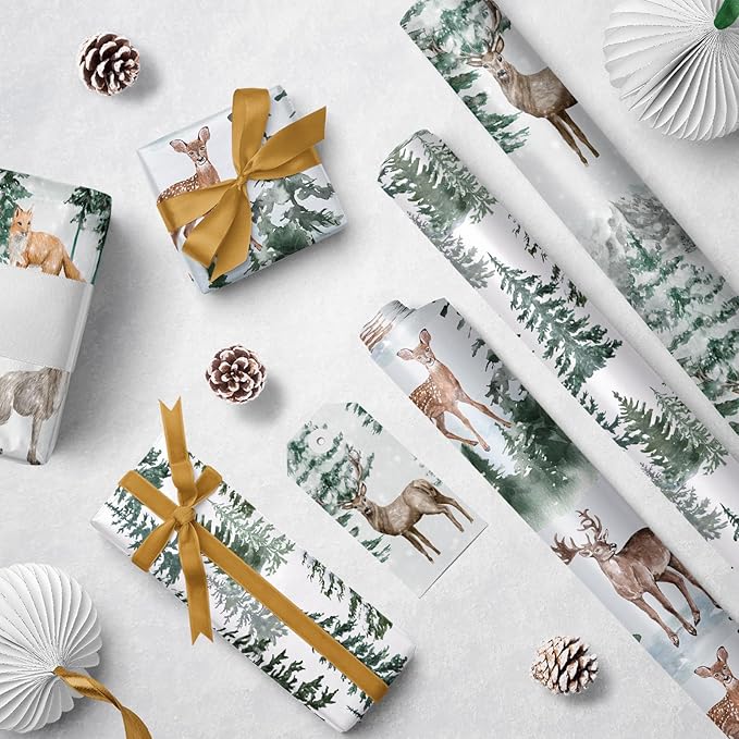 WRAPAHOLIC Kraft Christmas Wrapping Paper Roll - Mini Roll - 3 Rolls - 17 Inch x 120 Inch Per Roll - Watercolor Elk, Wild Animal and Winter Forest Landscape Holiday Collection