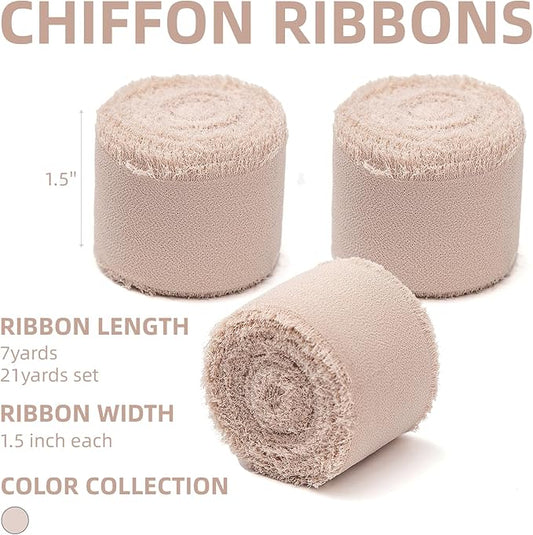 3 Rolls Light Nude Handmade Chiffon Ribbon,1.5" x 21Yd Light Khaki Frayed Fringe Silk Ribbons (3 Rolls *7Yd) for Gifts Wrapping, Wedding Invitations, Bridal Bouquets, Decorations