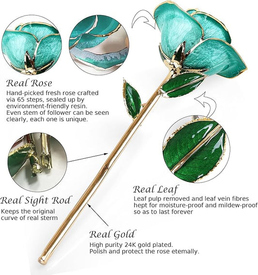 Sinvitron Gold Dipped Rose 24K Real Rose, Long Stem 24k Gold Plated Rose with Stand, Birthday Gift for Women,Gifts for Mom, Dipped Gold Rose for Anniversary, Mothers and Valentines Day (Light Blue)