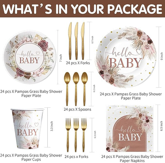 Boho Baby Shower Decorations Party Tableware - Boho Floral Pampas Grass Baby Girl Decorations, Paper Plate, Napkin, Cup, Disposable Cutlery | 24 Guests