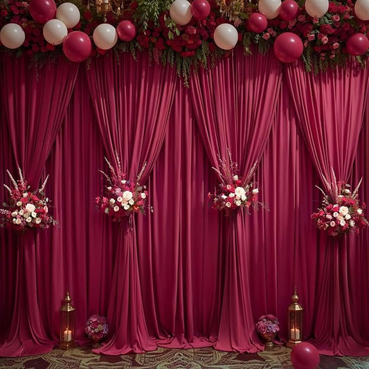 Burgundy Backdrop Curtain 10 Panels-Wrinkle-Free Burgundy Curtains Polyester Photography Drapes for Baby Shower Birthday Party Photo Background Backdrop Stand- 40 X10FT