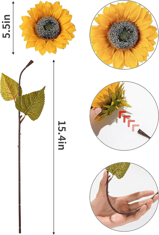 DuHouse 12pcs Artificial Sunflowers with Long Stems 5.5" Silk Sunflowers Bulk for Wedding Home Garden Outdoor Party Decoration(Yellow)
