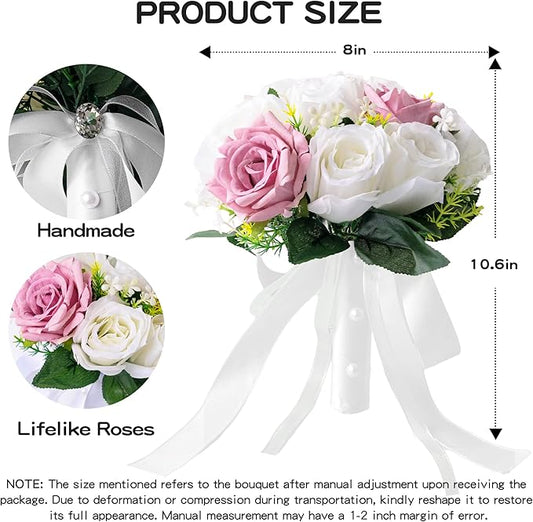 Wedding Bouquets for Bride - Realistic Silk Flowers Artificial Roses, 8 Inch Bridesmaid Bouquet for Ceremony, Church, Anniversary, and Home Decoration (White & Pink)