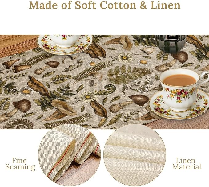 Vintage Woodland Mushroom Table Runner, Rustic Forest Green Plants Wild Mushroom Ferns Daisy Print Kitchen Dining Table Runners for Indoor Outdoor Home Party Holiday Decor, 13x120inch