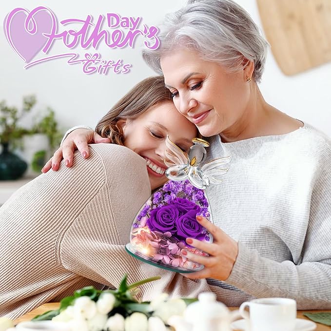 Beferr Christmas Birthday Gifts for Women, Mom Gifts for Christmas Fresh Flowers for Delivery Prime Forever Preserved Rose in Glass Angel Figurine Xmas Gifts for Grandma Wife Sister Her, Purple