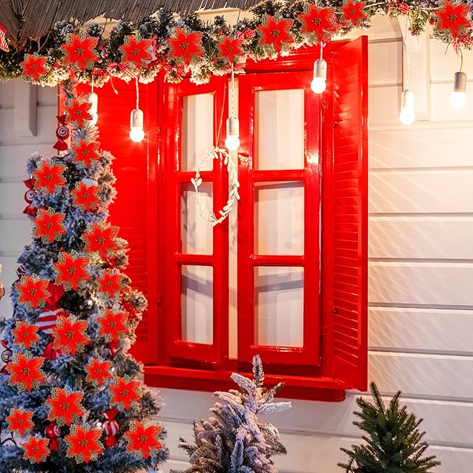 Geosar 24 Pieces Christmas Glitter Poinsettia Flowers Layered Artificial Xmas Flowers Wedding Christmas Tree New Year Ornaments 3/4/6 Inch(Red)