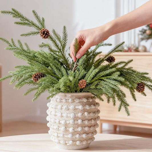 DN DECONATION Artificial Christmas Norfolk Pine Stems, Faux Pine Branches with Cones 35.4" 6PCS - Greenery Fake Pine Needles for Vase Arrangements, Winter, Holiday Indoor Outdoor Home Decor