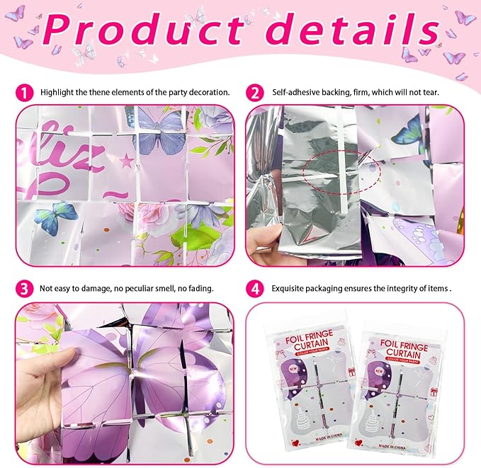 2 Pack Butterfly Foil Fringe Curtains 3.28 x 6.56Ft Butterfly Tinsel Curtain Streamers Backdrop Pink Floral Photo Booth Backdrop Butterflies Birthday Baby Shower Party Decorations for Kids Girls