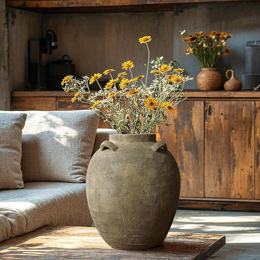 LuxenHome Rustic Ceramic Flower Vase,15 Inch Tall Brown Terracotta Cauldron Vase for Living Room Decor,Large Floor Vase Home Décor Accents,Round Vintage Pottery Vases Home Decor