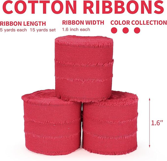 Red Christmas Ribbon 1-1/2 x 15 Yards Handmade Cotton Frayed Fringe Fabric Ribbons for Crafts Flower Bouquets Wedding Baby Shower Home DIY Decor