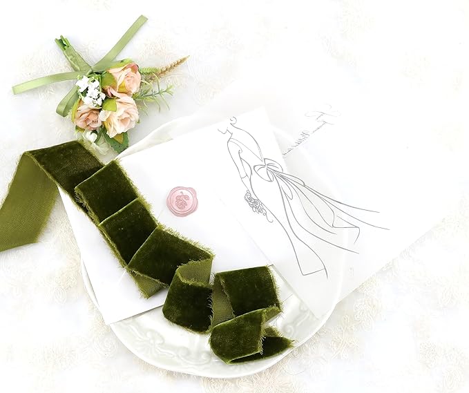 Moss Green Silk Velvet Ribbon 1.5 Inch Rustic Style Raw Edge Olive Green Frayed Edge Fringe Gift Ribbon for Wedding Invitation Bridal Bouquet -3yards