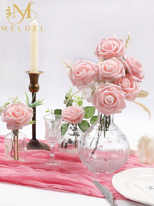 Meldel Artificial Flowers 25pcs Real Looking Blush Foam Fake Roses with Stems for DIY Wedding Bouquets Bridal Shower Centerpieces Floral Arrangements Home Decorations