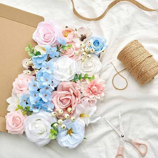 Artificial Flowers, Fake Flowers for DIY English Pastel Flower Box Wedding Bouquet Table Centerpieces Baby Shower Gender Reveal Party Home Décor