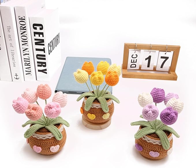 Crochet Simulation Tulip Potted Plants, Simulation Crochet with Long Flowers, Hand Crochet Lovely Woven Potted Plants, Home Office Desk Ornaments, Shop Decorative Flowers (6 Flowers-Purple)