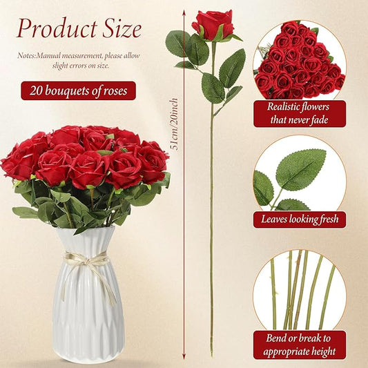 Hotop 20 Pcs Artificial Rose Flowers with Long Stem,Real Touch Silk Realistic Plastic Bouquet Roses Bulk for Home Decor Bridal Wedding Party Table Centerpieces Decorations(Red)
