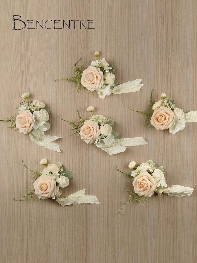 Blush Corsage for Wedding(Set of 6),Wrist Corsage for Woman,for Prom,Party Prom Hand Flower Decor,Mother of The Bride Corsage