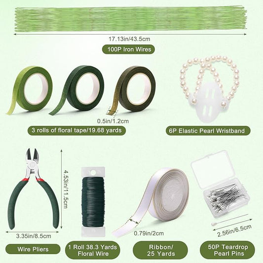 AHIER Corsage Wristlet Band, 162PCS DIY Wrist Corsage Kit with 6P Corsage Bracelet, Wire Cutter and Floral Wire, Green Floral Tape, Pin, Ribbon for Wedding Party Boutonniere Wrist Corsage Supplies