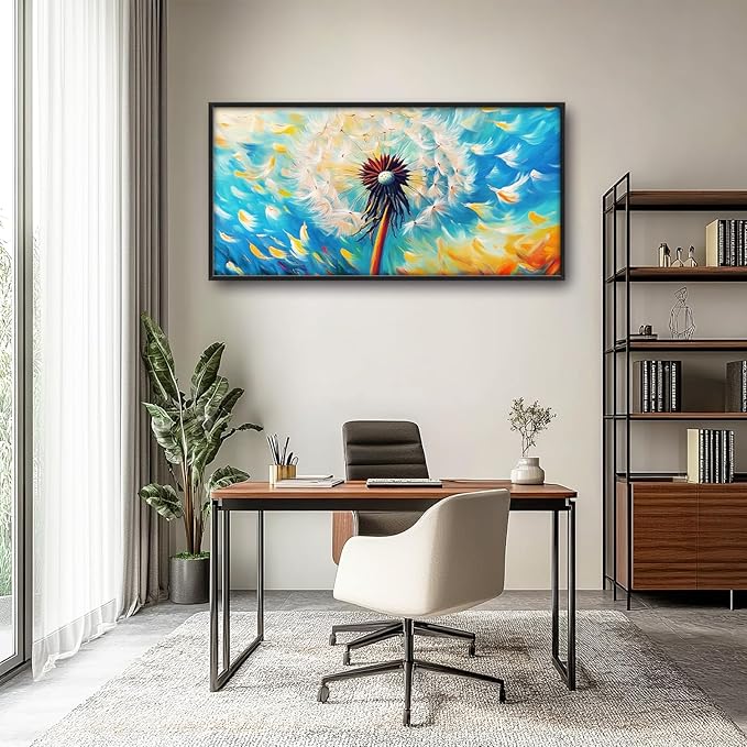 Extra Large Abstract Dandelion Framed Wall Art for Living Room,Oversized Colorful Dandelion Flower Pictures Wall Decor,Blue Canvas Print Painting Modern Artwork Bedroom Office Bathroom 60L x 30W