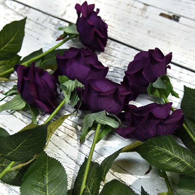 FiveSeasonStuff 12 Stems Artificial Flowers Real Touch Silk Roses for Wedding Decoration Bridal Bouquets Table Centerpieces Party Shower, Packed in Box (Purple Grandeur)