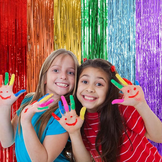 2 Pack Rainbow Party Backdrop Streamers Decorations Colorful Foil Fringe Curtains Metallic Tinsel Backdrop for Birthday First Day of School Engagement Baby Shower Christmas Holiday Party Decor