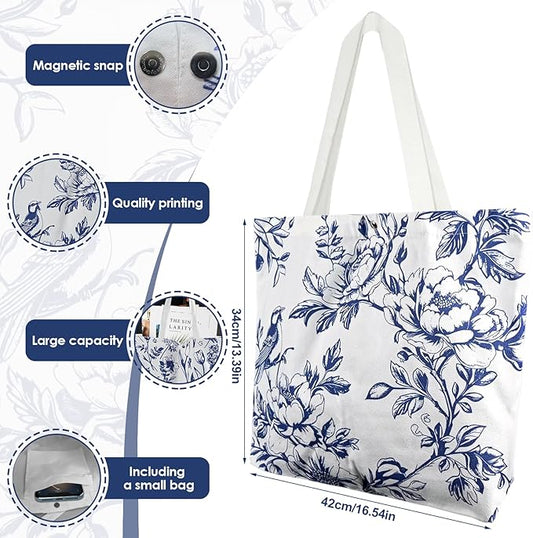 6 Pcs Floral Canvas Tote Bags Bulk for Women Chinoiserie Tote Bag Aesthetic Reusable Grocery Bags for Travel Shopping