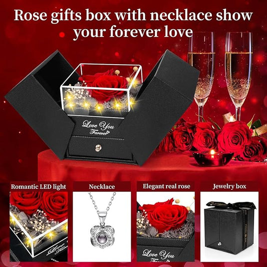 2 Preserved Real Rose with Heart I Love You Necklace- Eternal Rose Birthday Gifts for Women Wife Girlfriend Her Mom Grandma on Festivals Gifts Christmas Valentines Mothers Day Anniversary-Red Rose