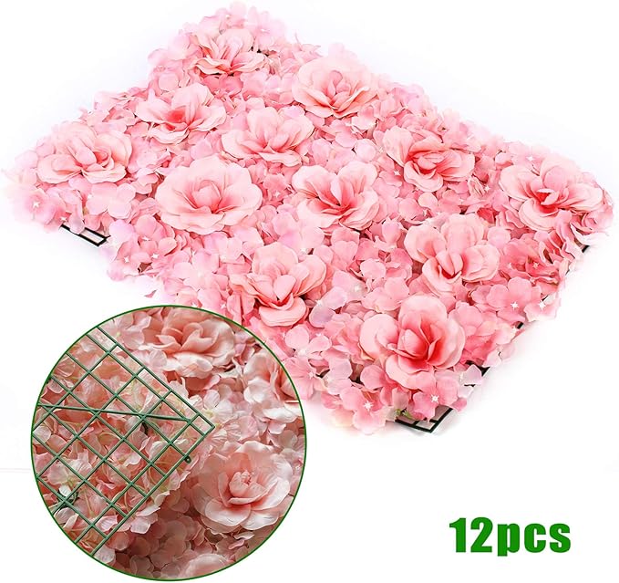 Artificial Flower Wall Panels, Silk Wedding Flower Wall Backdrop Panel, 3D Floral Panel Artificial Floral Wall Mat Flower Screen for Photo Party Wedding Wall Background Decor (12PCS Pink)