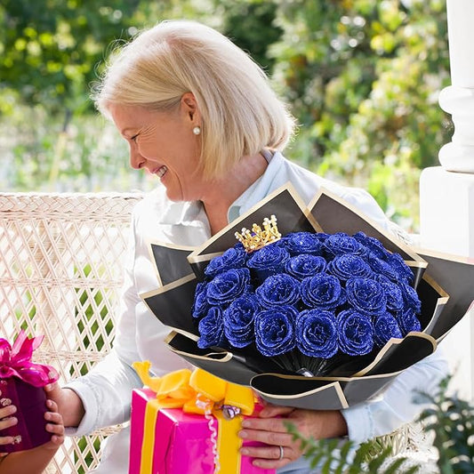Waipfaru Glitter Roses Bouquet, DIY Fake Flowers Bouquet, Birthday Gifts for Women Mom, 24 Pcs Blue Rose for Grandma Wife Girlfriend Valentines, Mothers Day, Anniversary, Graduation