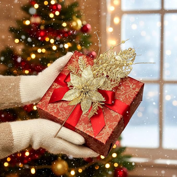 18 Pack 3 Styles 17 Inch Christmas Glitter Poinsettia Berry Stems Ornaments Artificial Floral Branches Picks for Christmas Tree Home Vase Holiday Party Decor(Gold)
