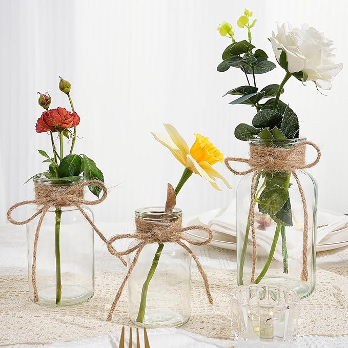 Vintage Glass Vases for Flowers, Set of 6 Clear Vases for Farmhouse Wedding Centerpiece Cylinder Bottle for Reception Table Decor Housewarming Birthday Floral Arrangements (S+M+L)