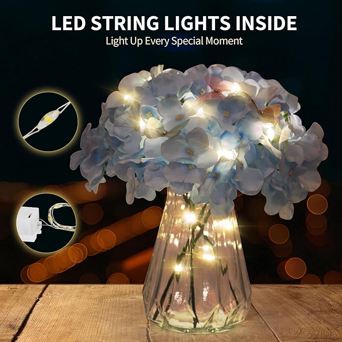 64PCS Artificial Hydrangea Flowers with Stems, Silk Flower Heads with 15 Butterfly, Crystal Strings and LED Lights for Wedding Arch, Centerpiece, Home, Garden Party Décor (64, Blue)