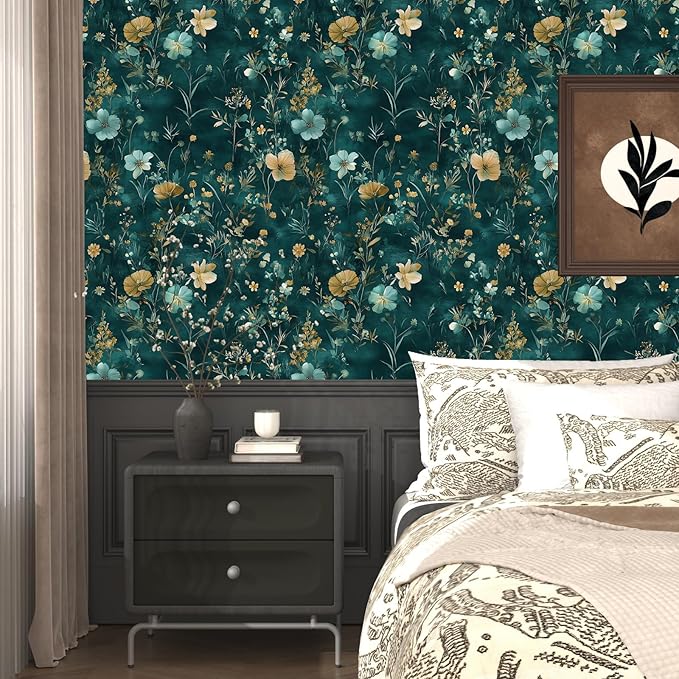 Teal/Blue/Yellow Floral Peel and Stick Wallpaper Boho Wallpaper 17.5"x118" Vintage Wildflowers Contact Paper Waterproof Self Adhesive Modern Stick on Wall Paper for Bedroom Walls Table Cabinet