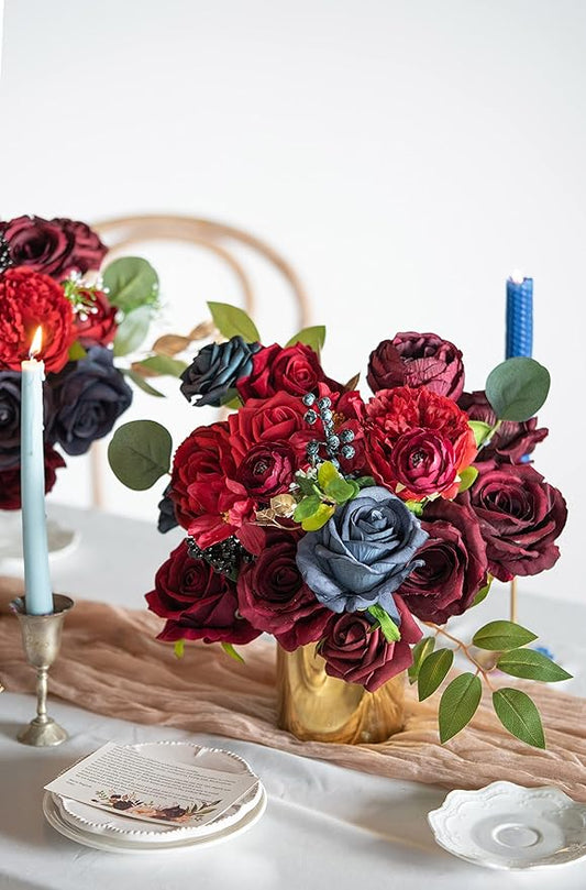 ponatia Artificial Flowers Wedding Flowers Combo for Silk Fake Flowers Roses for DIY Wedding Bouquets Burgundy Centerpieces Arrangements Party Bridal Baby Shower Home Decorations (Burgundy & Navy)
