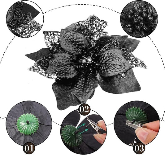 WILLBOND 36 Pieces Black Christmas Poinsettia Glitter Faux Flowers Artificial Ornaments Topper Xmas Decorations
